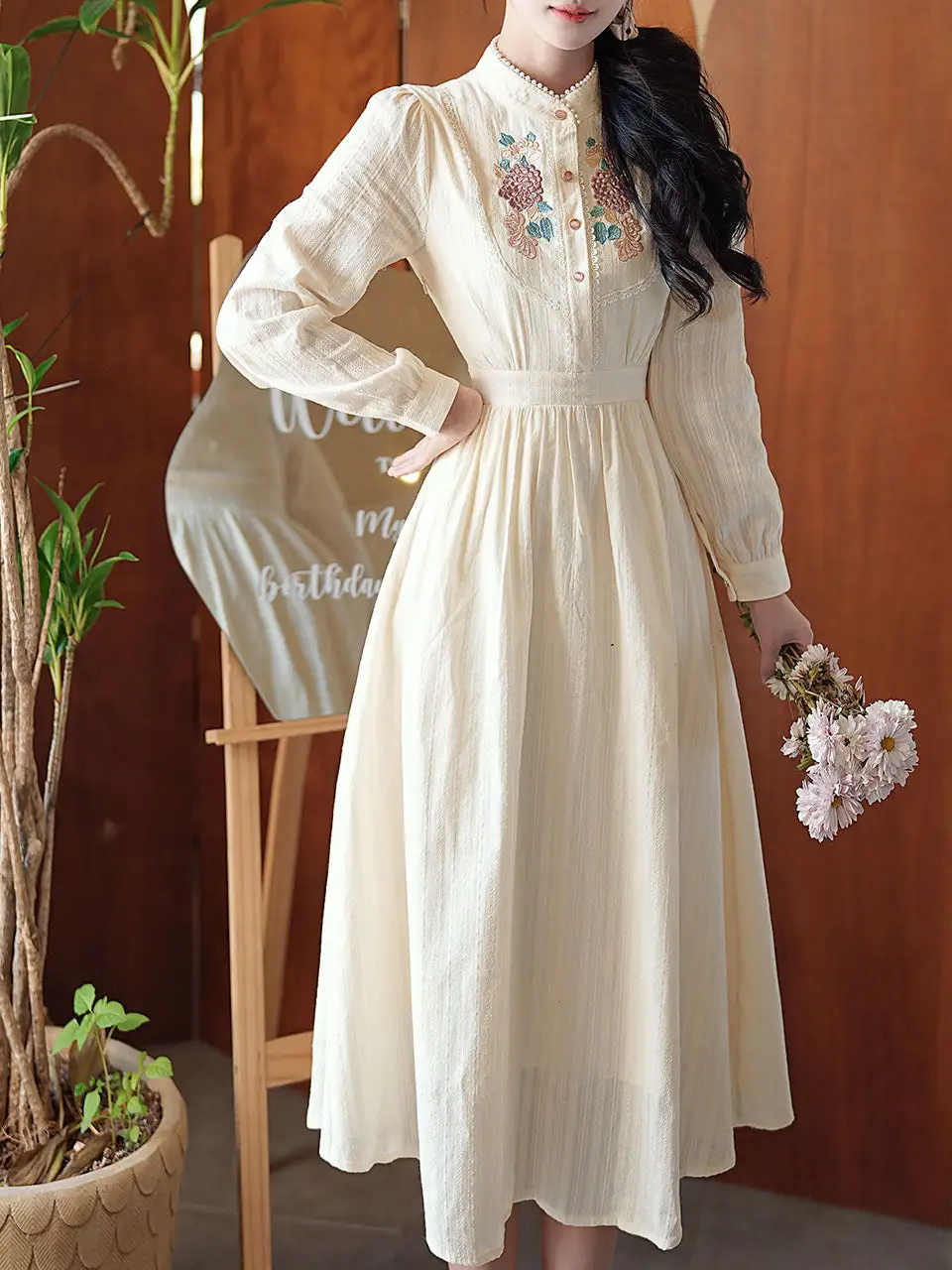 Embroidered Stand Collar Maxi Dress