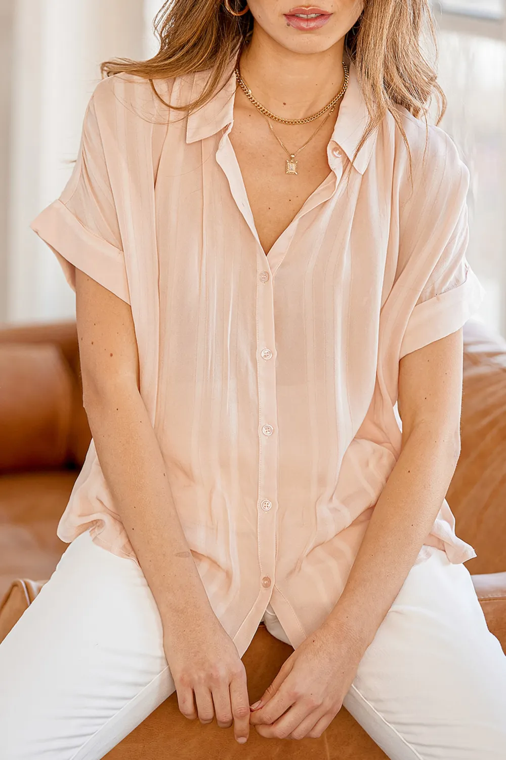 Casual Style Light Pink Striped Button-Up Top