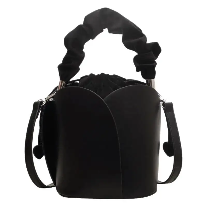 Faux Leather Pleated Drawstring Bucket Bag