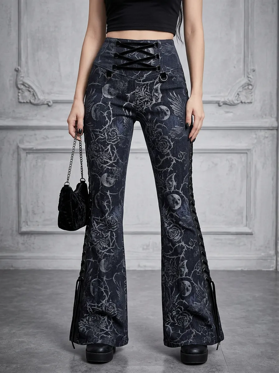 Alternative Skull Rose Moon Gothic Edit Women's Gothic Flare Pants