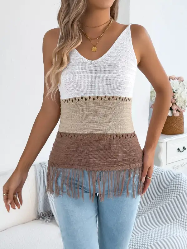 Color Block Fringe Hem Knit Cami