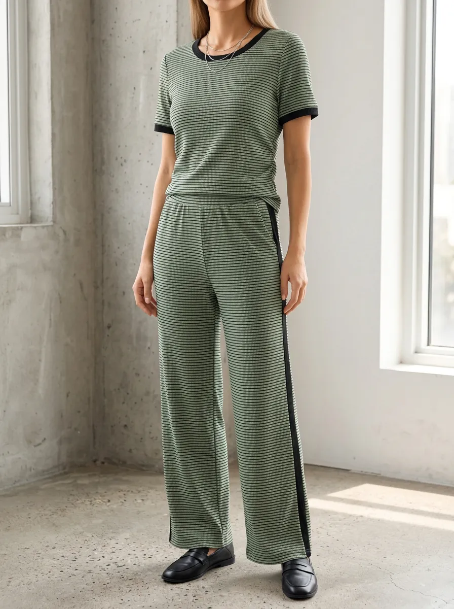 Women's Boutique Inspired Lounge Striped Ribbed Patterned Wide Leg Pants Set
