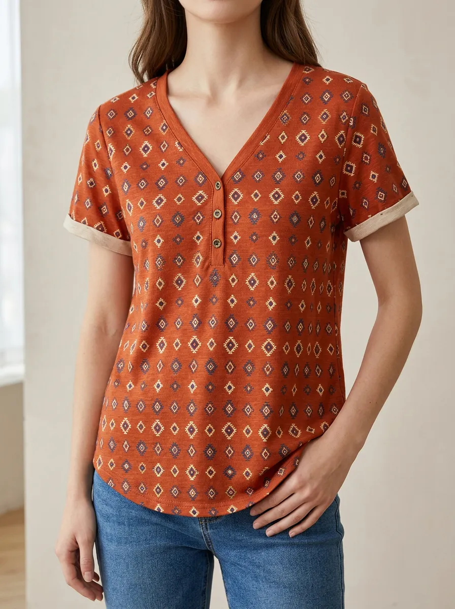 Women's Heritage Boho Geometric Pattern Printed Button V-Neck T-Shirt