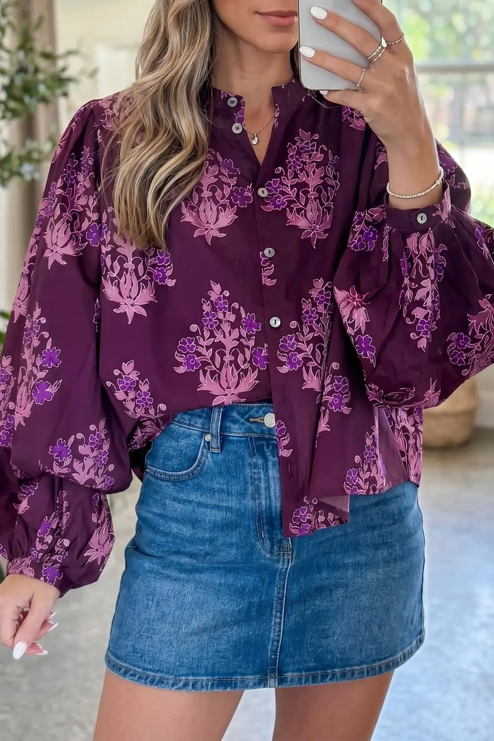 Women's Floral Print Puff Sleeve Blouse
