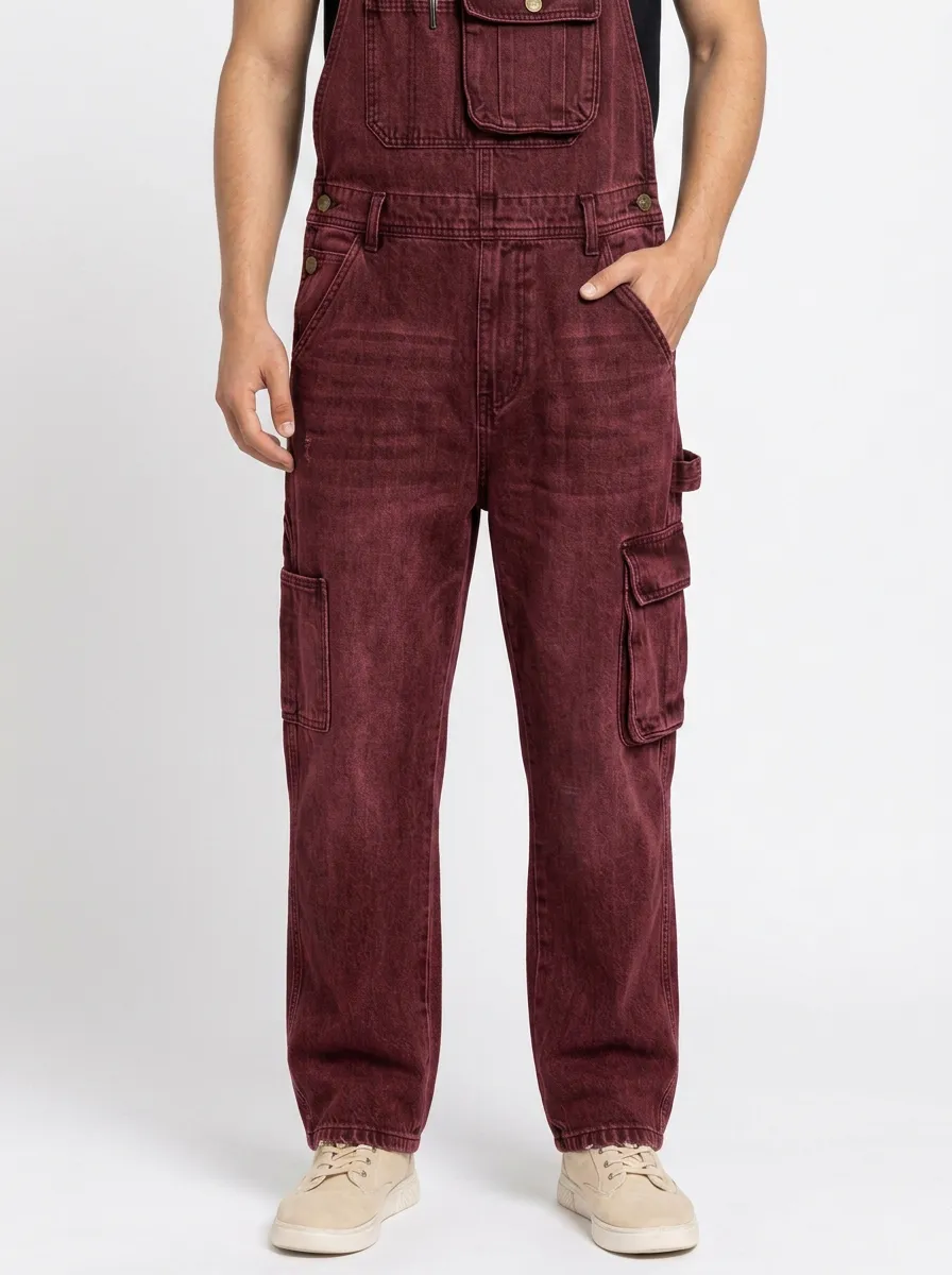 Men's Vintage Washed Black Denim Cargo Overalls