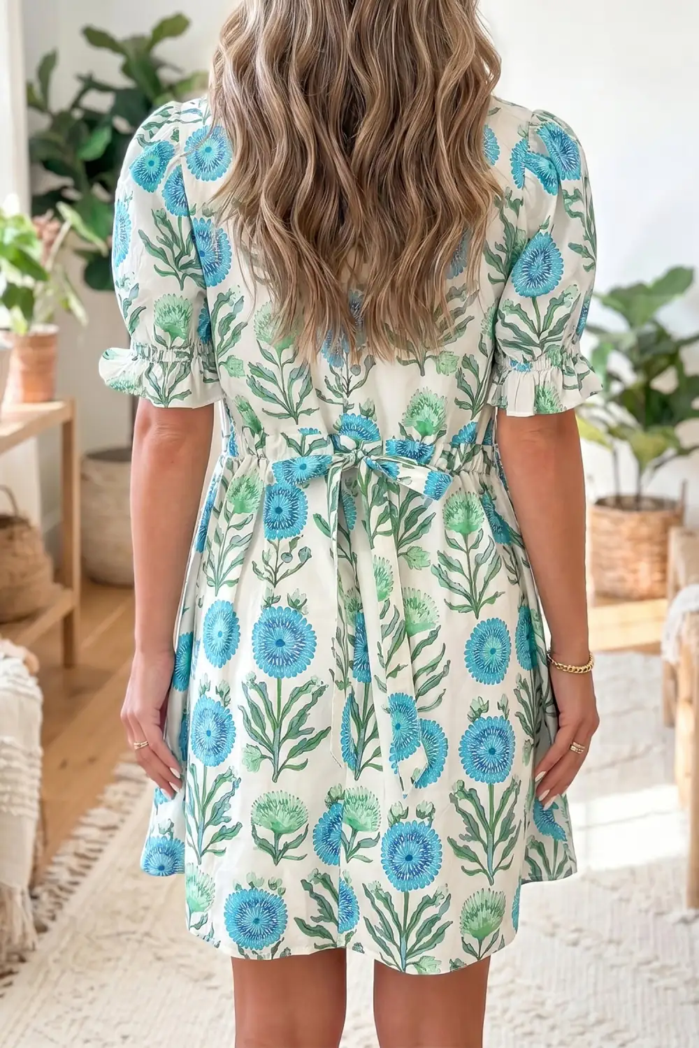 Women's Floral Print Short Sleeve Half Button Frilled Dress