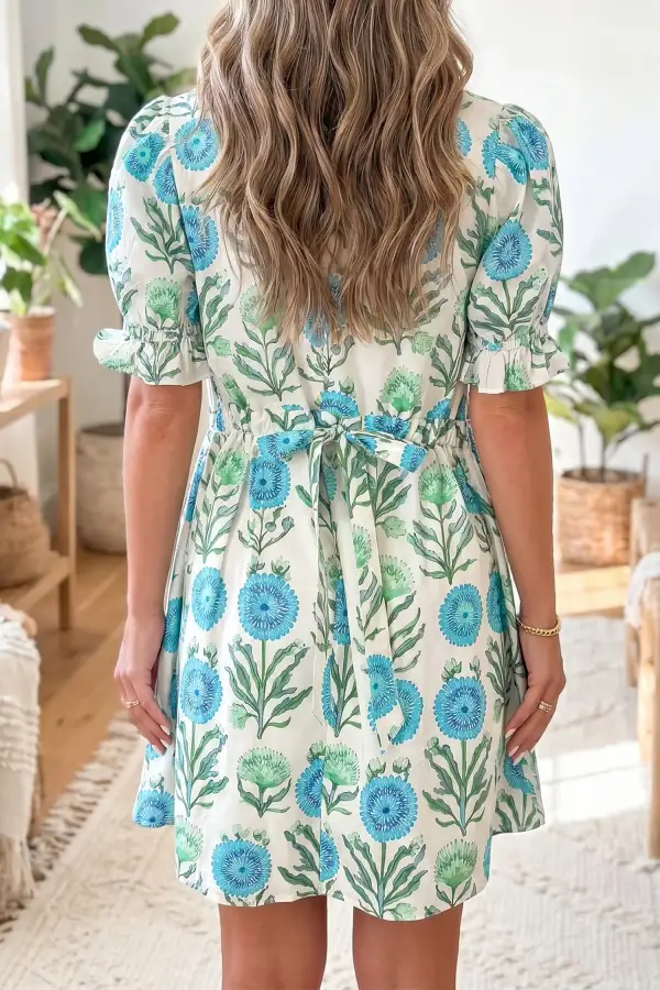 Women's Floral Print Short Sleeve Half Button Frilled Dress