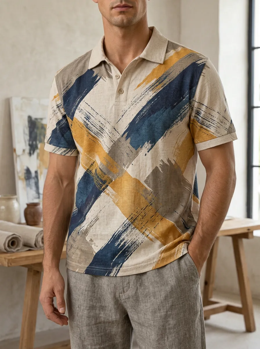 Men's Abstract Brushstroke Pattern Printed Polo Shirt Contemporary Casual Style