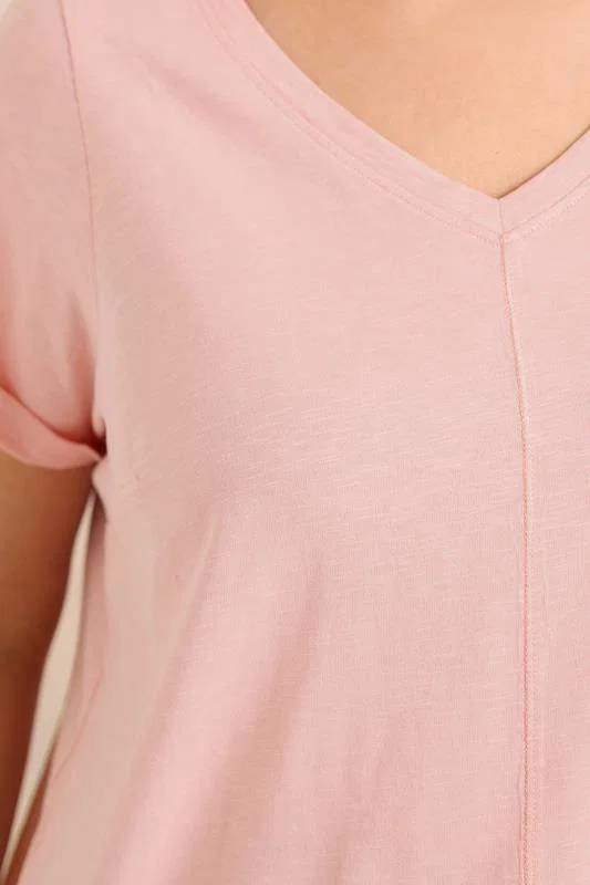 Blush Pink V-Neck Cotton T-Shirt detail 3