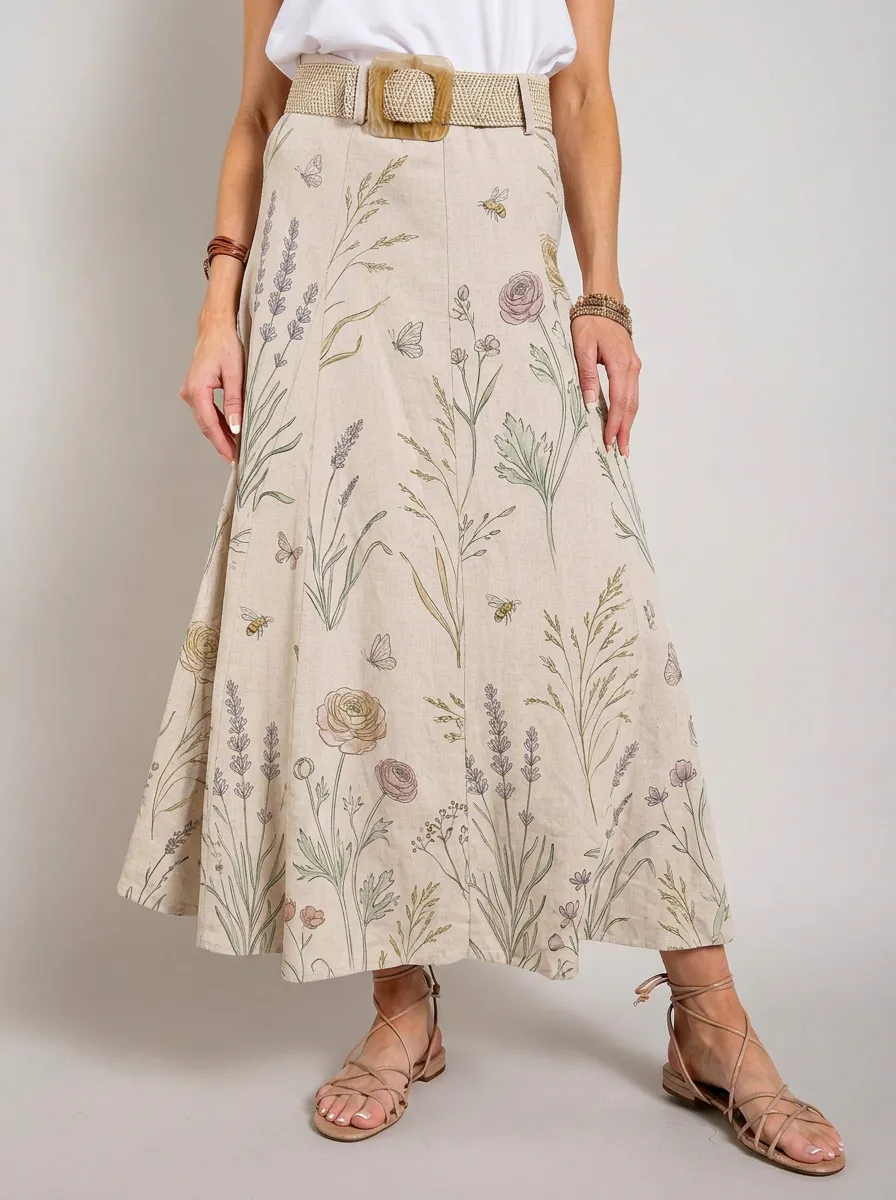 Women's Botanical Garden Bee Lavender Printed Midi Skirt