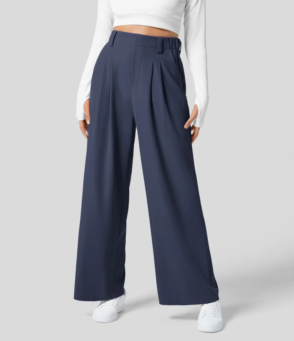 2026🔥  High Waisted Plicated Side Pocket Wide Leg Waffle Work Pants