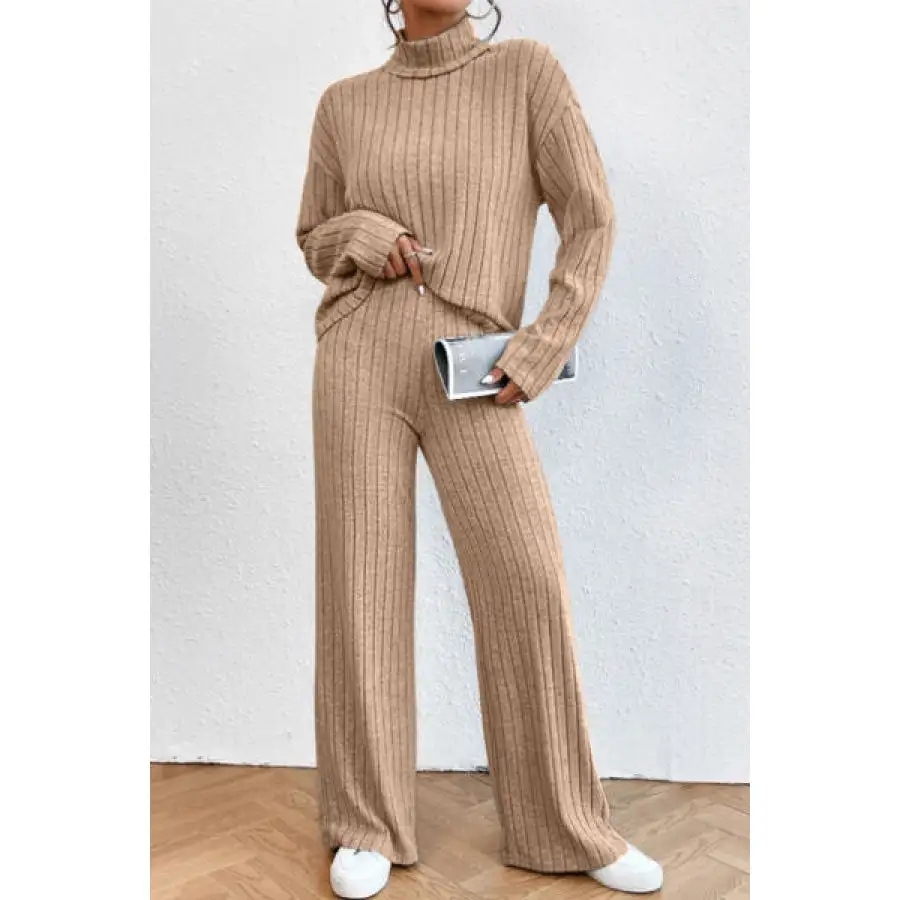 Mock Neck Dropped Shoulder Top and Pants Set