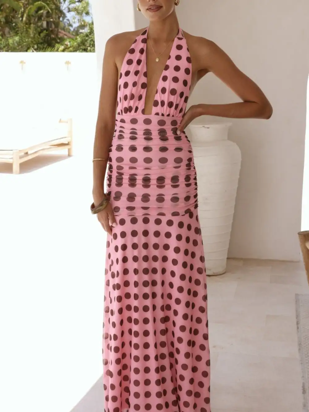 Polka Dot Ruched Maxi Dress