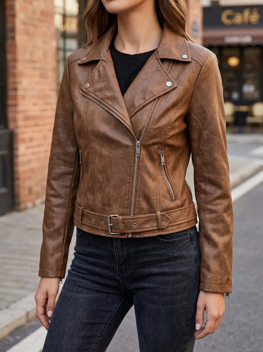 Women's Brown Faux Leather Biker Belted Moto Jacket with an Asymmetric Zip