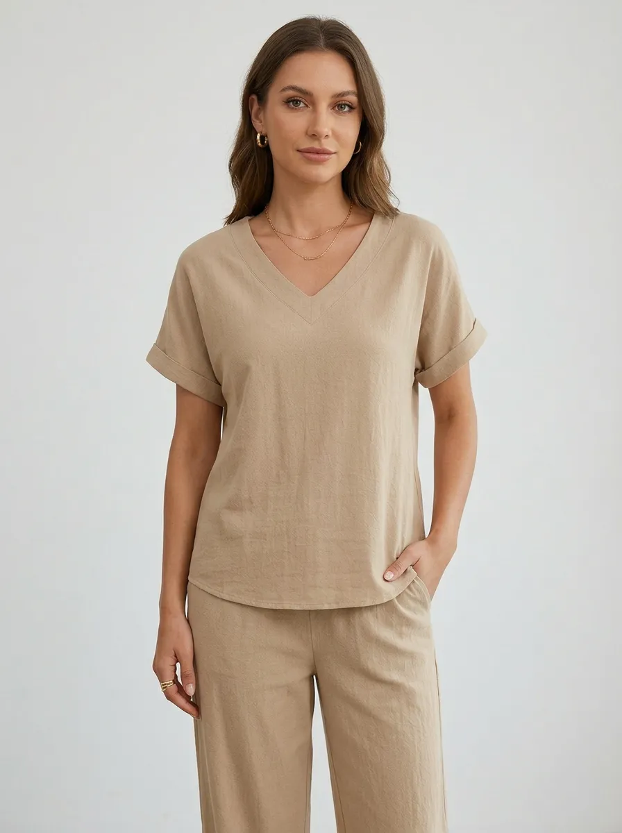 Easy-Wear Short-Sleeve Relaxed Women's V-Neck Casual Lounge Set