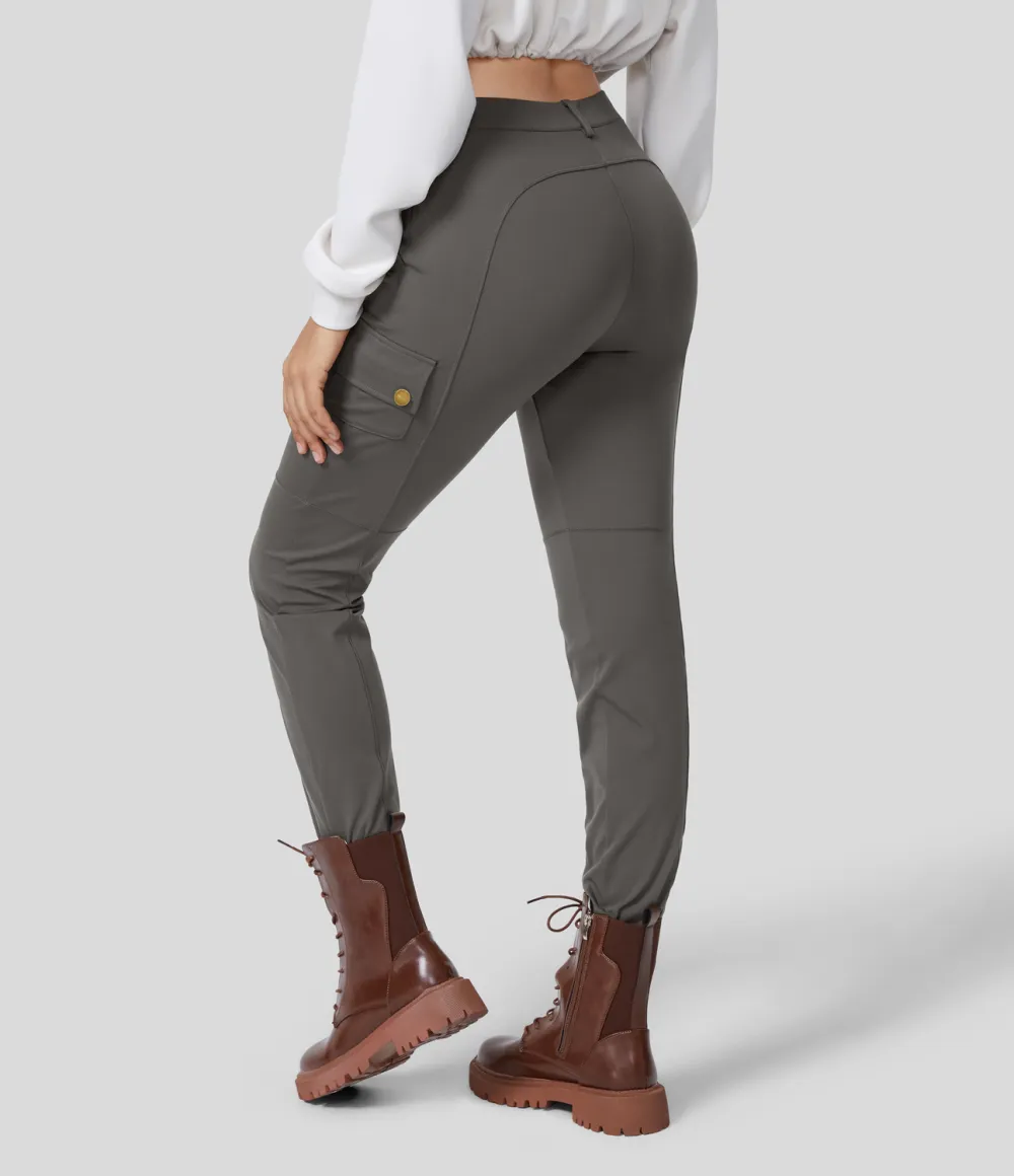 High Waisted Button Zipper Multiple Pockets Solid Skinny Cargo Pants