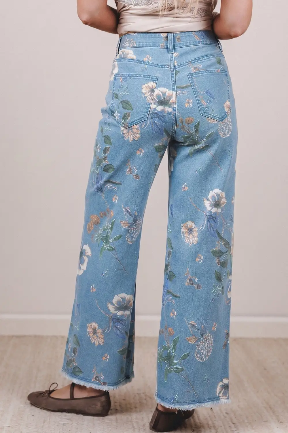 Women's Retro Floral Print Frayed Hem Shift Jeans