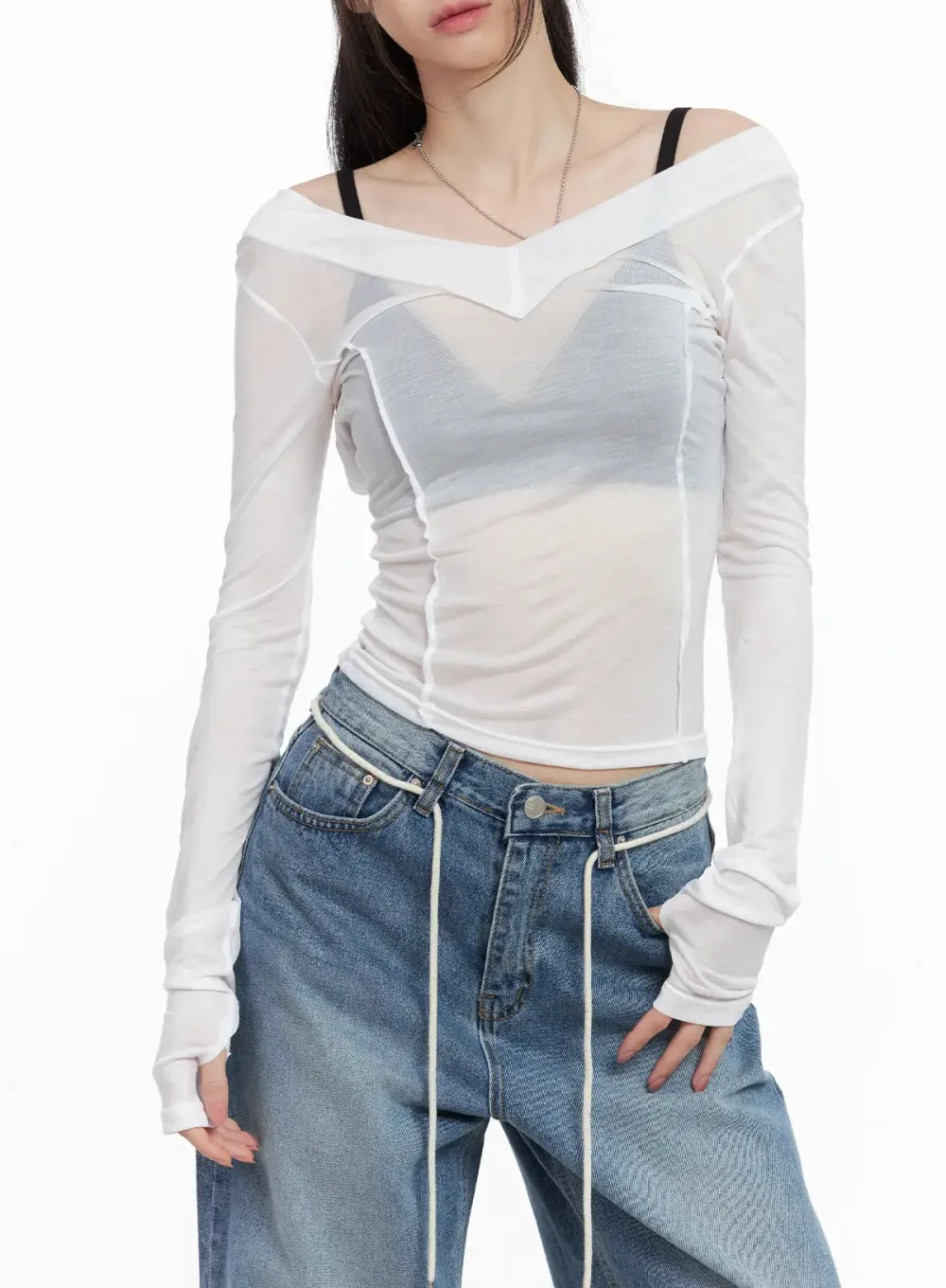 Sheer Back-Slit Long-Sleeve Tee