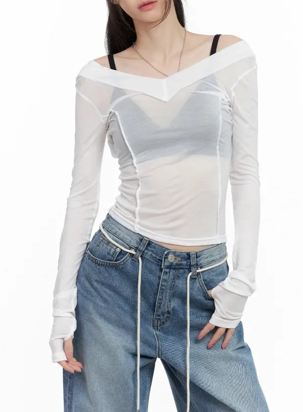 Sheer Back-Slit Long-Sleeve Tee