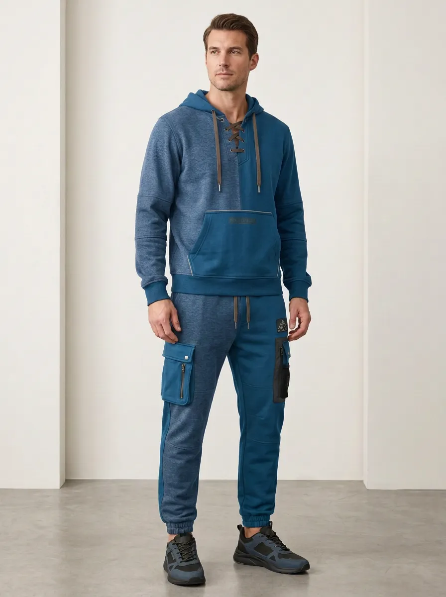 Functional Lace-Up Multi Pocket Outdoor Look Men's Lace Up Hoodie And Cargo Jogger Set