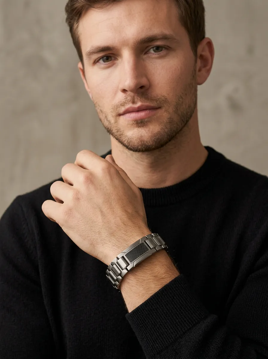 Men's Minimalist Carbon Fiber Inlay Stainless Steel Bracelet