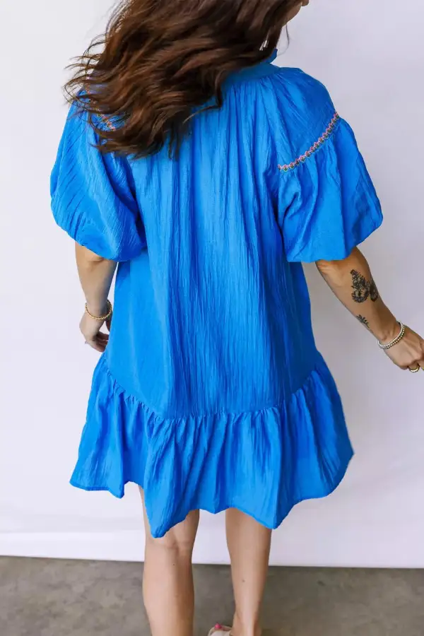 Floral Embroidered Split Neck Dress Casual