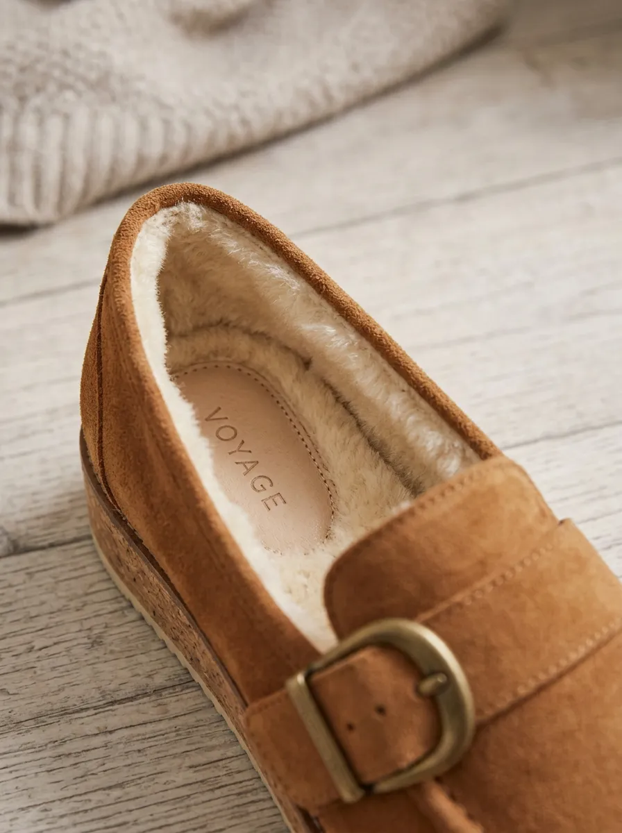 Women's Outdoor Faux Fur Lined Buckle Detail Casual Suede Wood Sole Loafers
