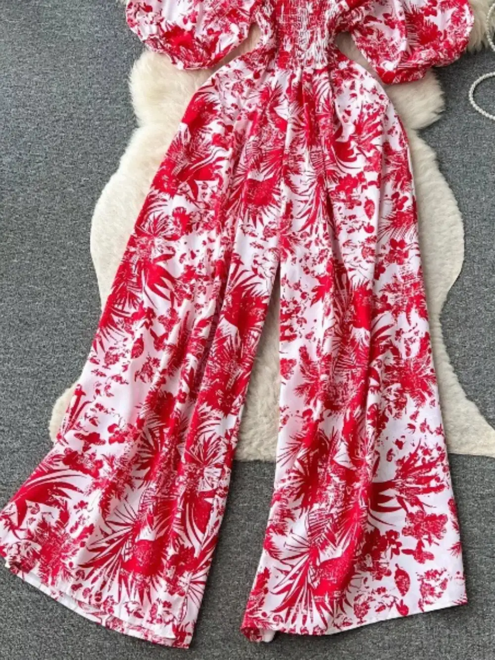 Smocked V Neck Wide Leg Jumpsuit