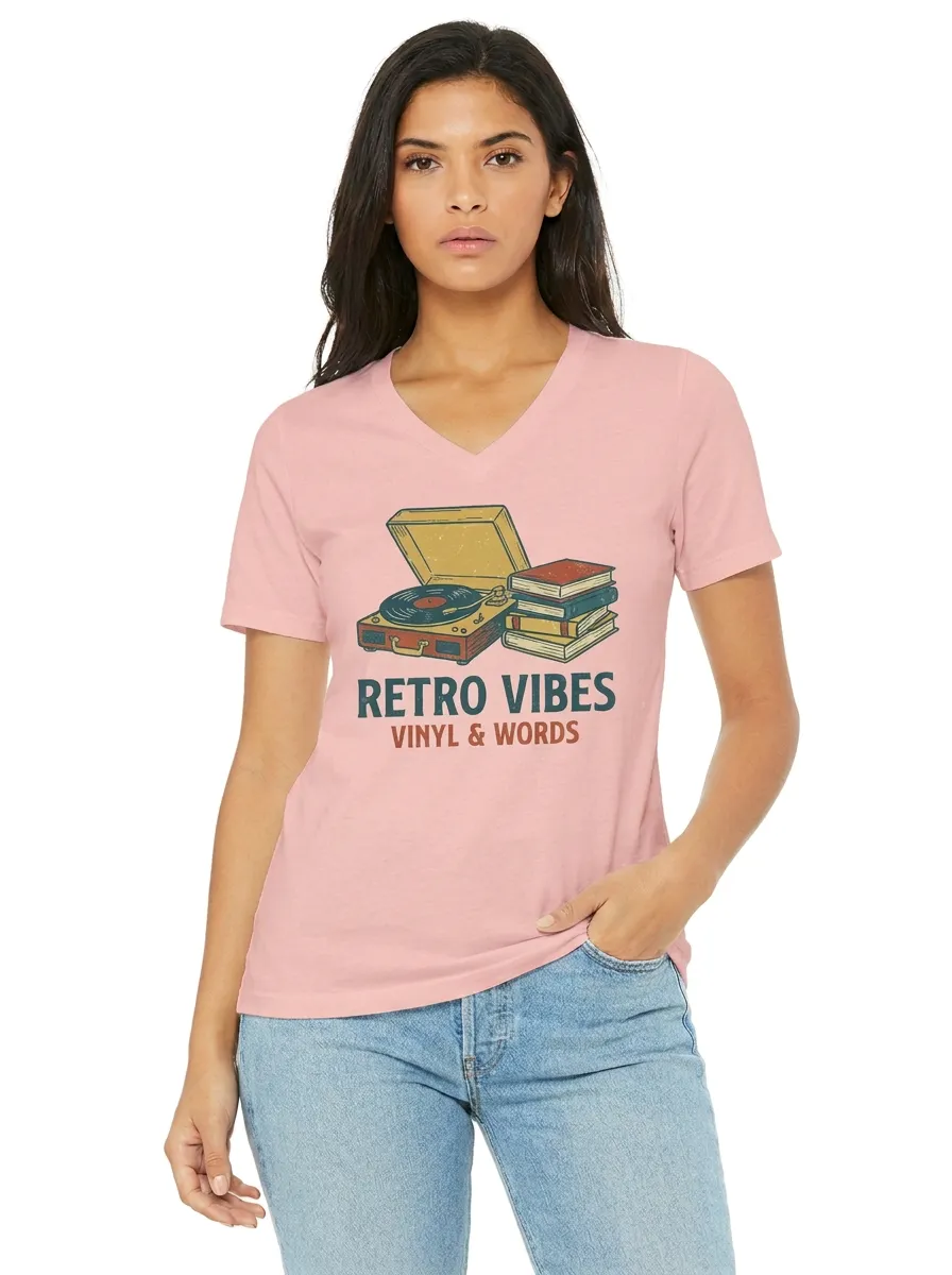 Women's Book and Vinyl Lover Retro Vibes Graphic V-Neck T-Shirt
