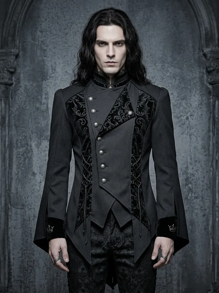 Statement Damask Victorian Lace Look Men's Gothic Asymmetric Shirt