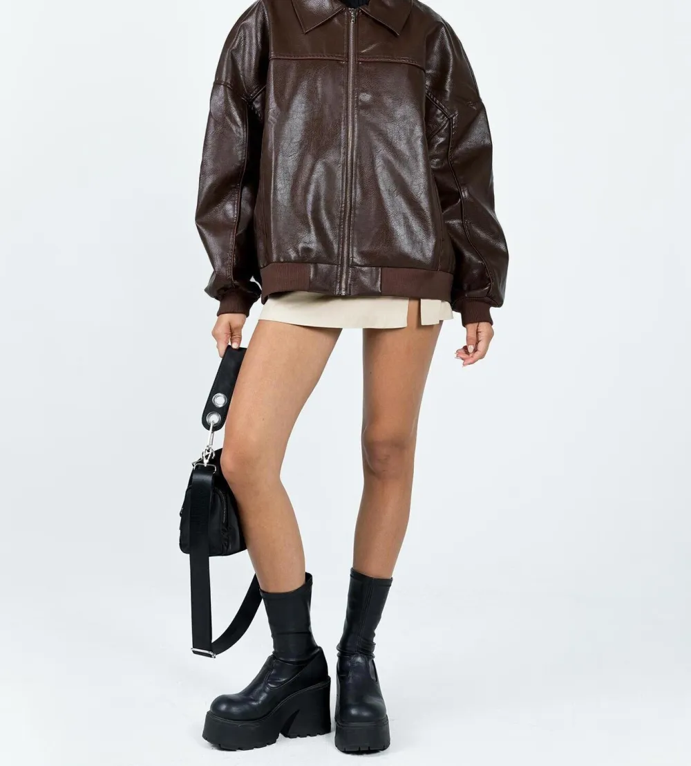 Brown Faux Leather Oversized Bomber Jacket