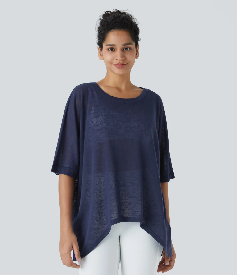 Asymmetric Split Hem Sheer Oversize Casual Top