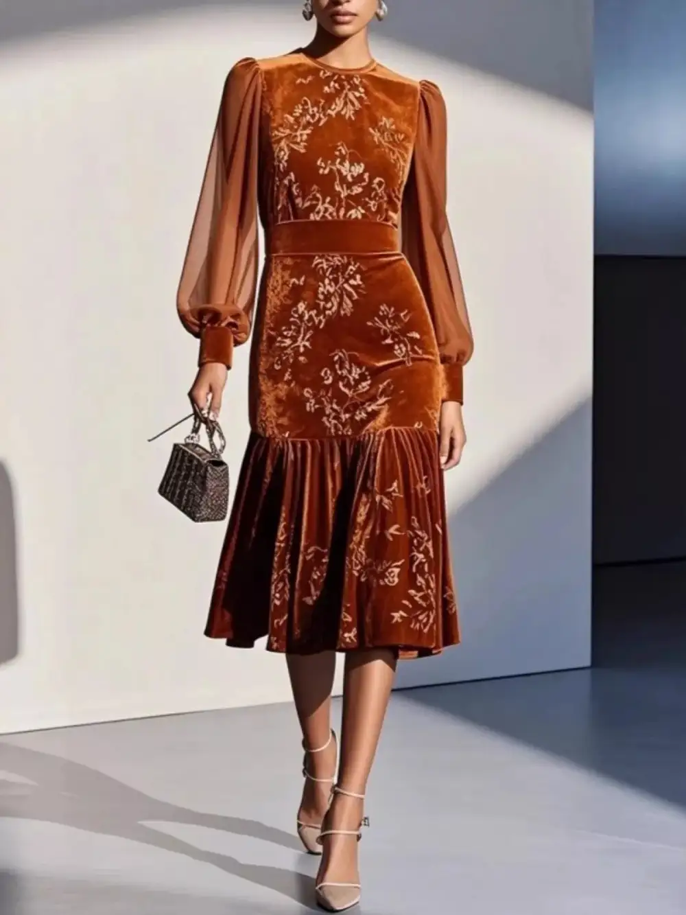 Velvet Lantern Sleeve Midi Dress