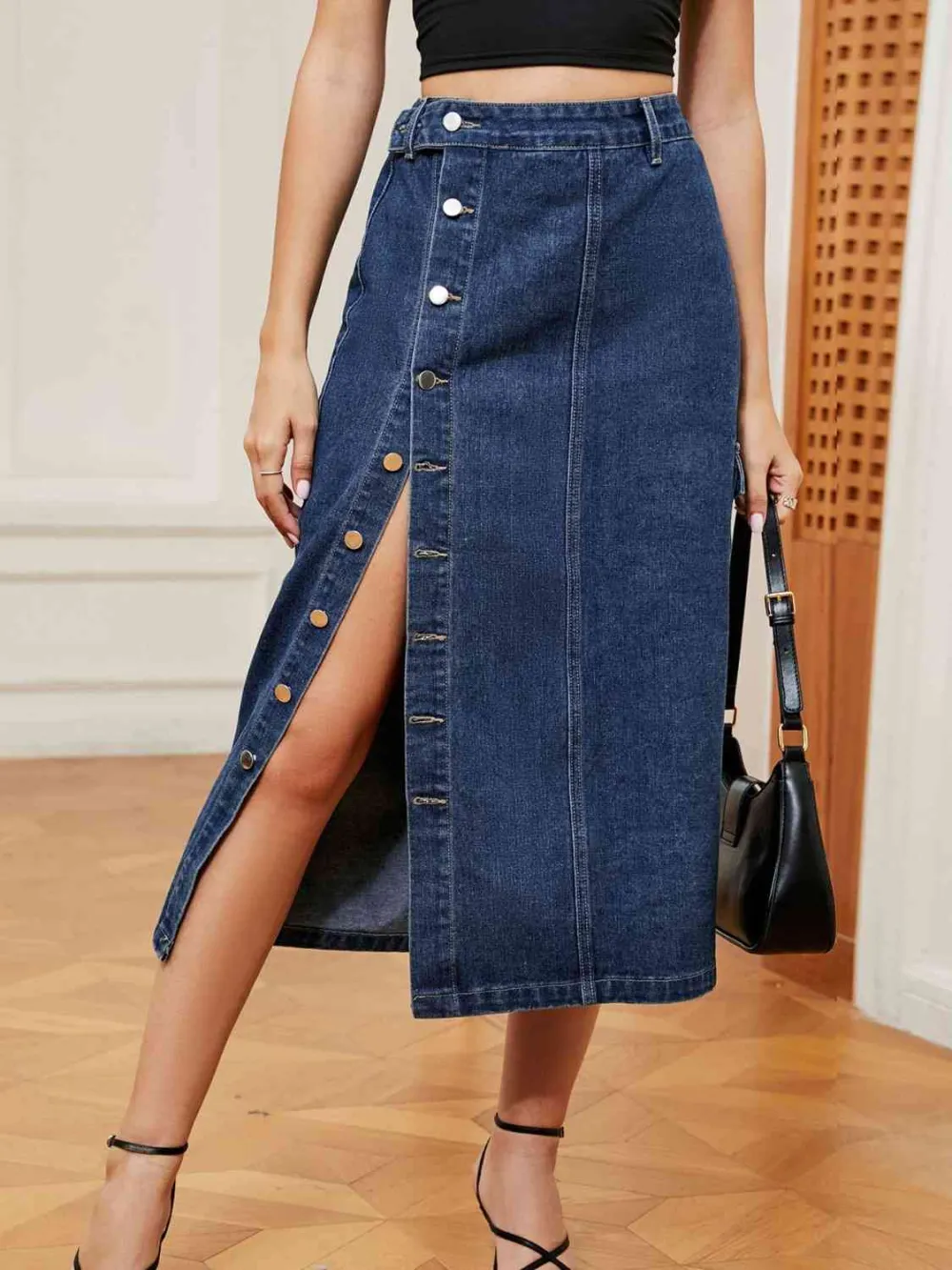 Simple Denim Button Front Skirt