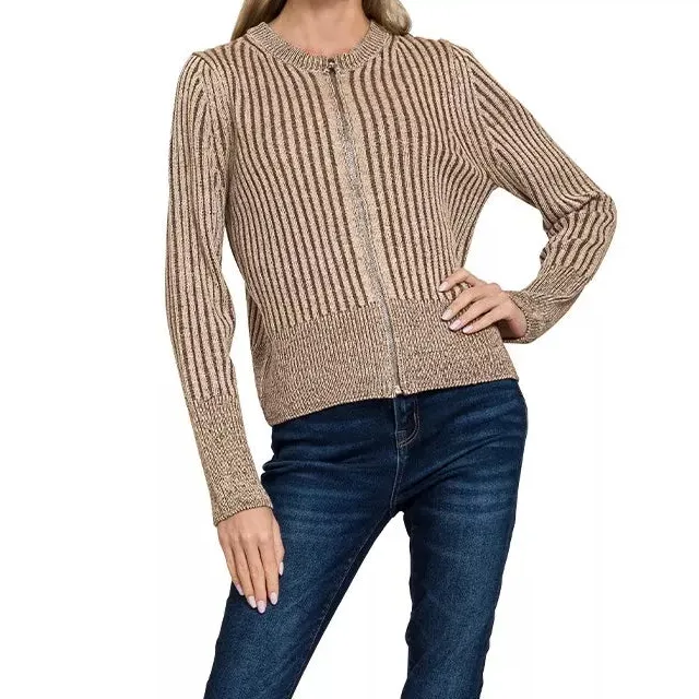 Two Tone Zip Up Ribbed Knit Cardigan