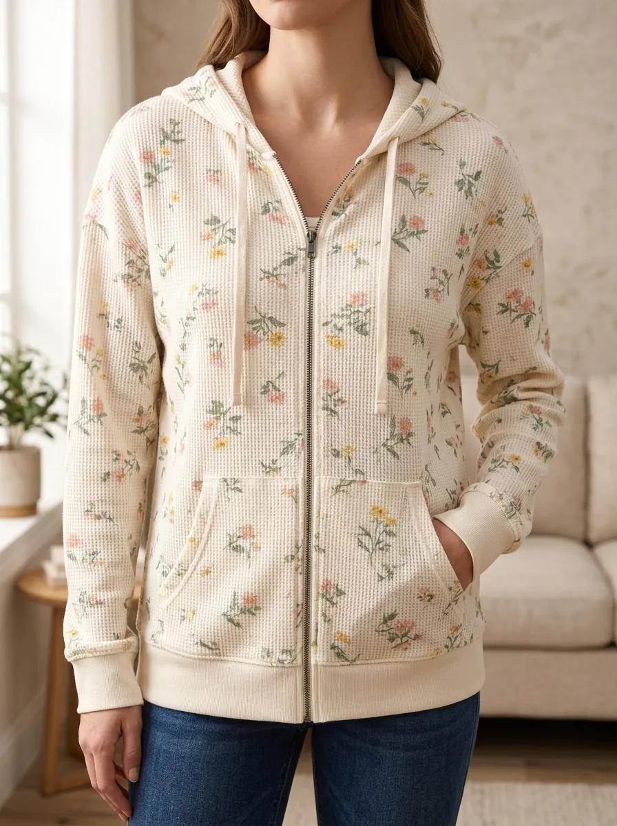 Women's Floral Pattern Waffle Knit Printed Zip-up Hoodie