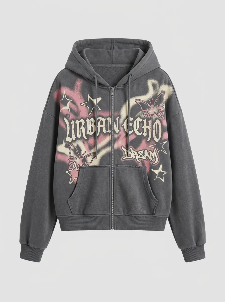 Unisex Streetwear Urban Echo Butterfly Star Printed Zip-up Hoodie