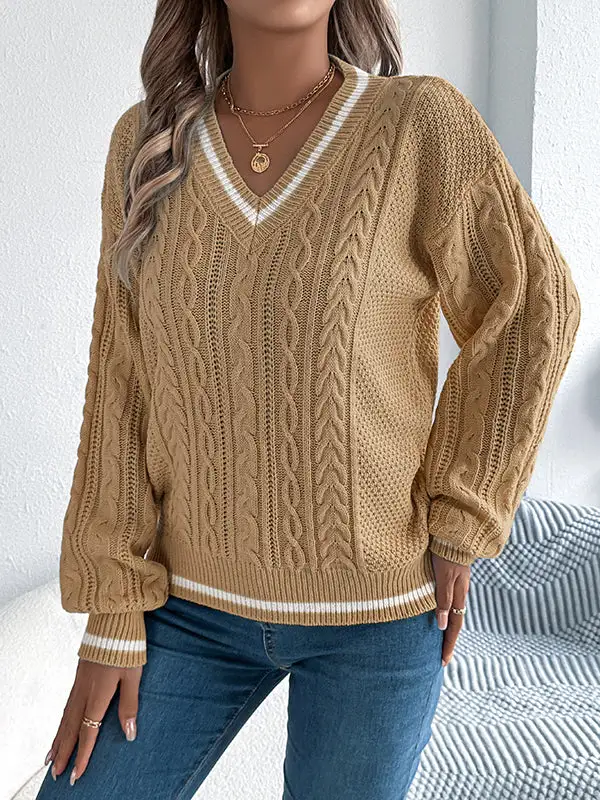 Cable Knit Paneled V-Neck Puff Sleeve Long Sleeve Knit Top