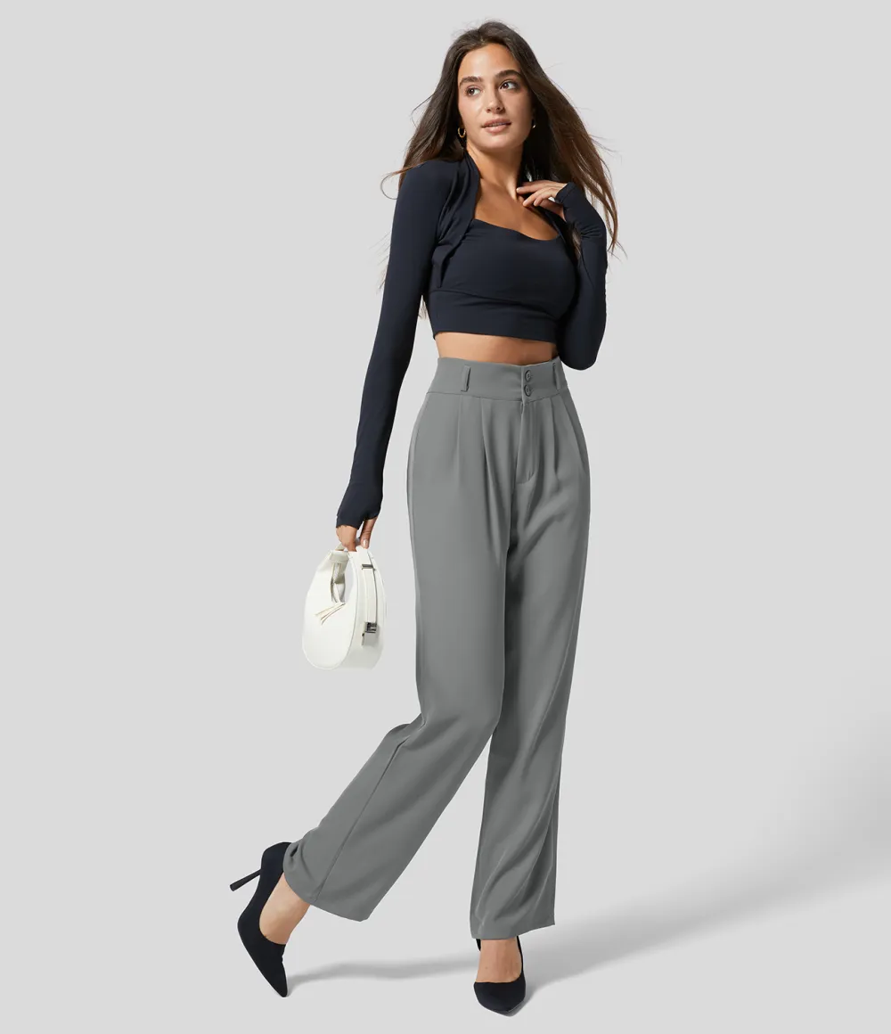 High Waisted Button Zipper Plicated Side Pocket Shirred Straight Leg Work Pants