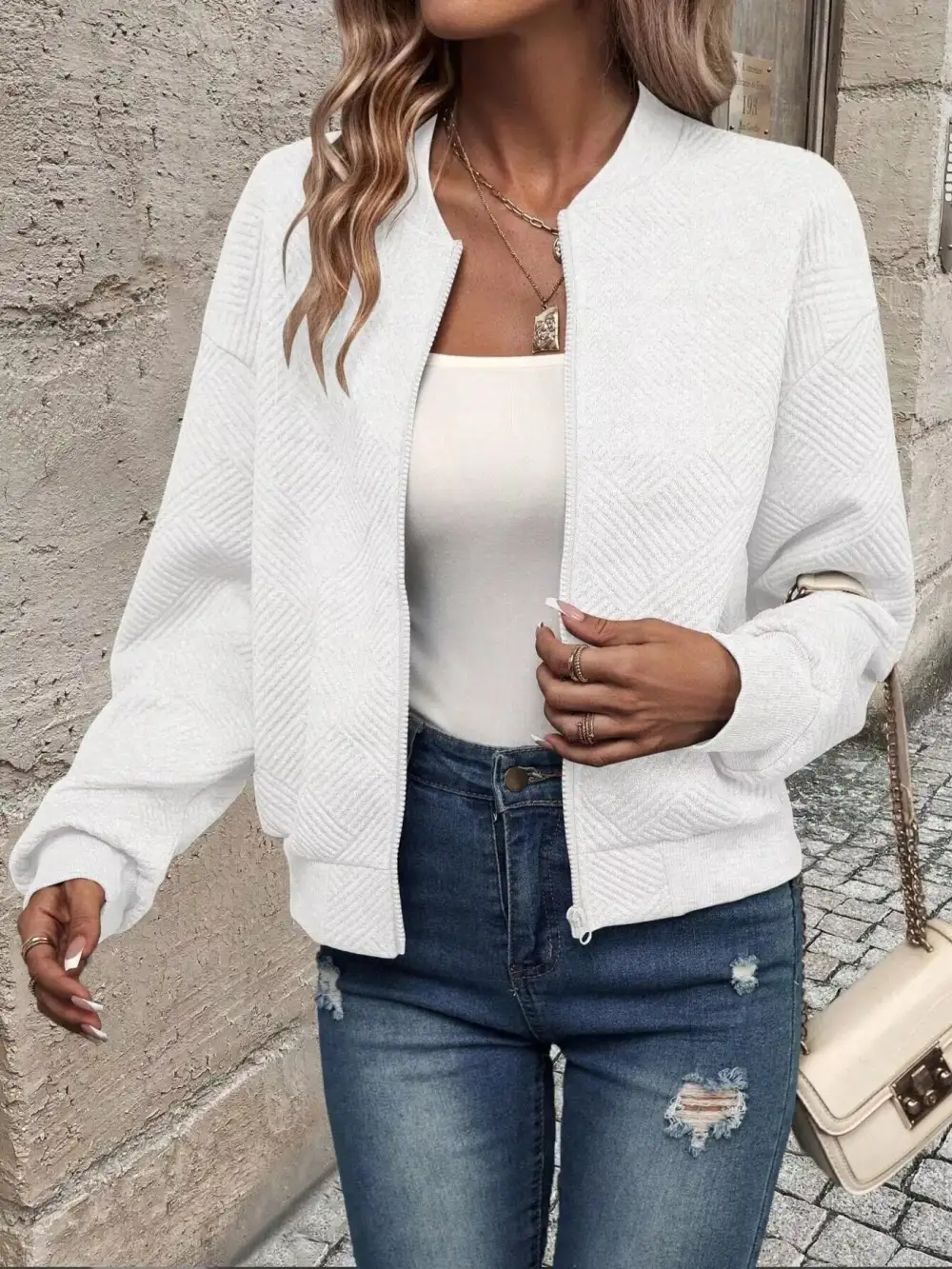 Texture Zip-up Bomber Jacket