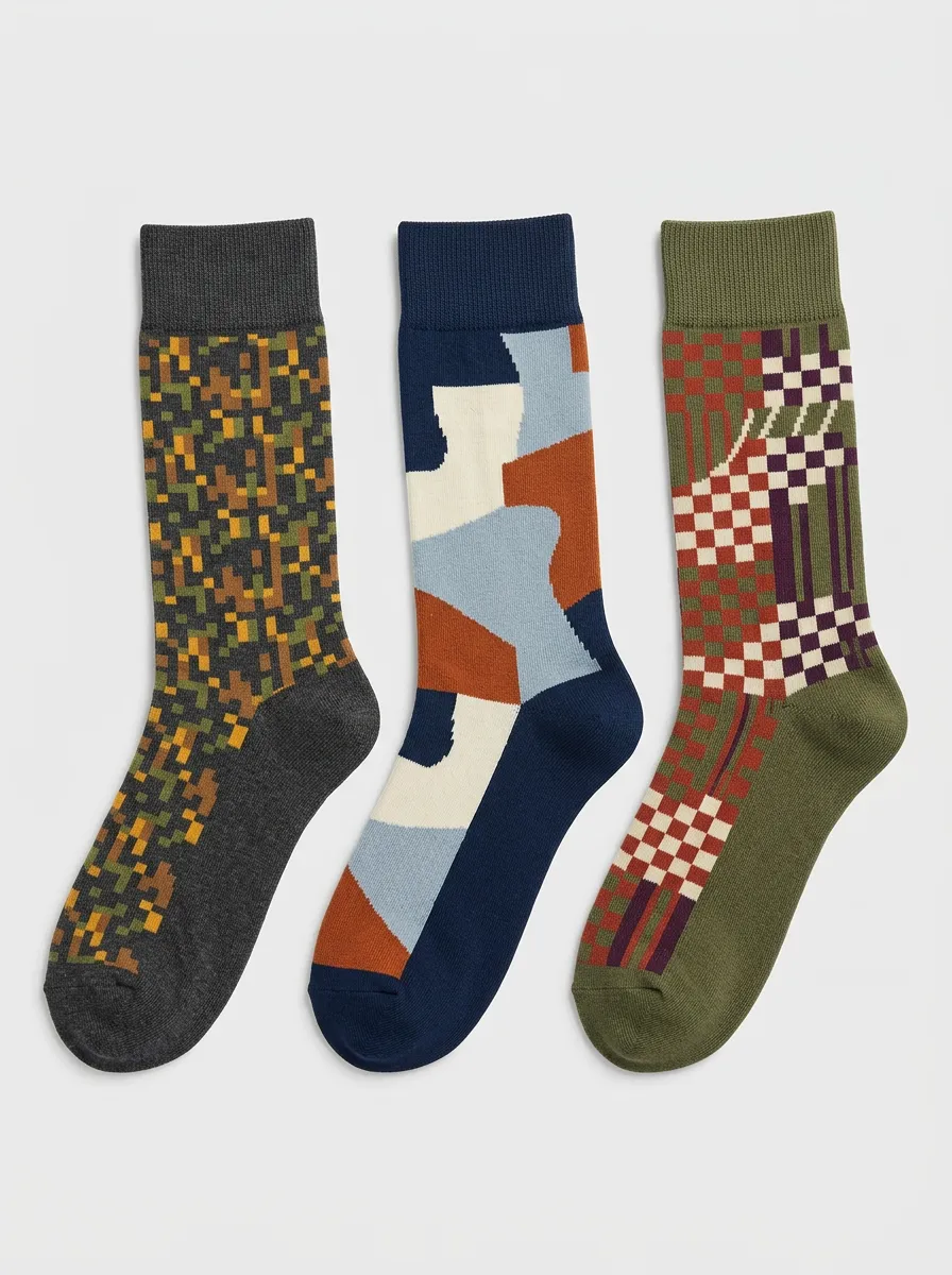 Men's Geometric Pattern Pixel Checkered Printed Three Pack Socks