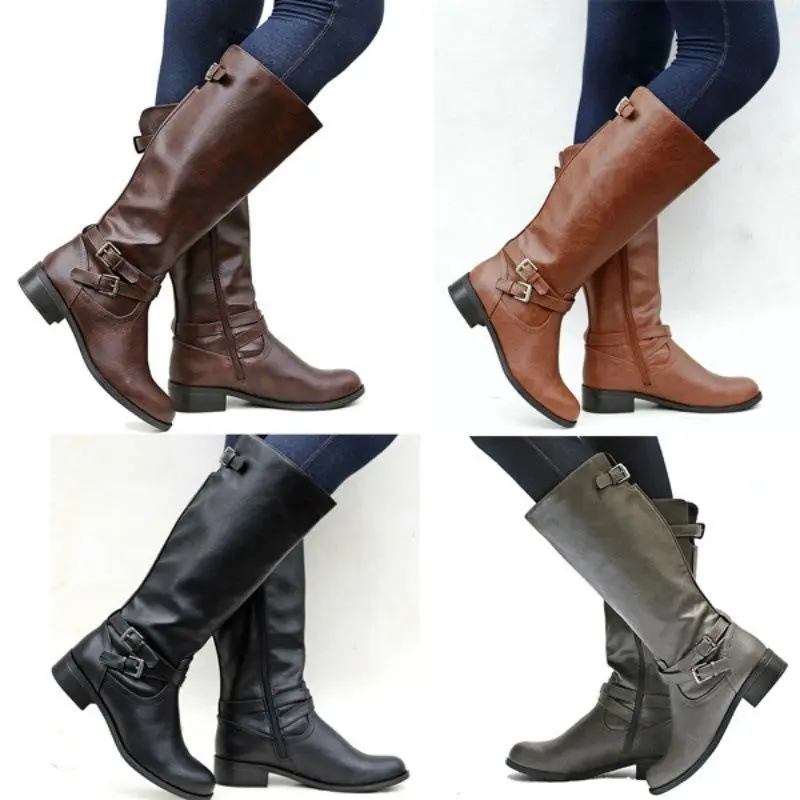 Vintage Knee-High Zipper Boots Buckle Strap Motorcycle Boots