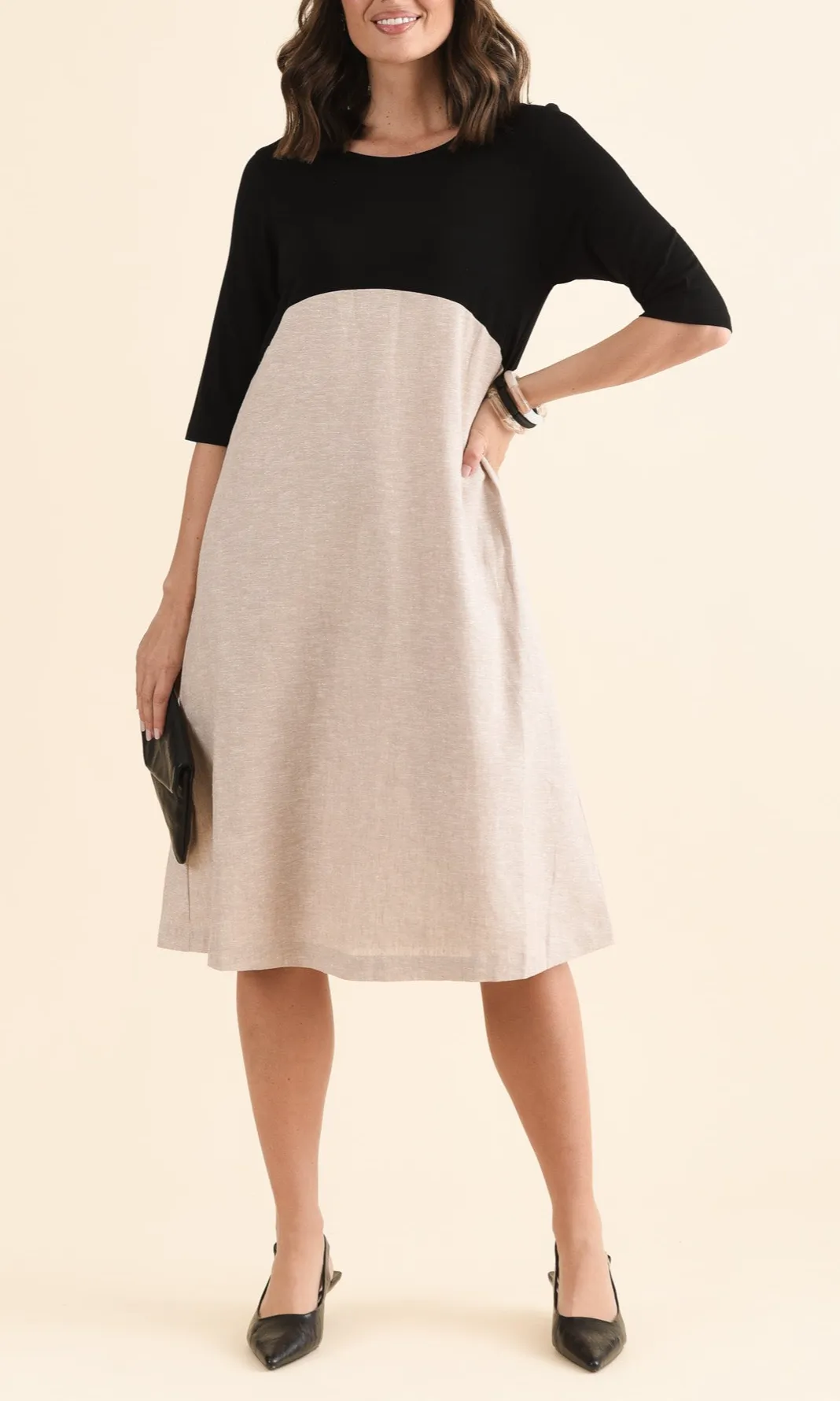 Knee-Length Color-Block Linen Blend Pocket Round-Neck Half-Sleeve A-Line T-Shirt Dress