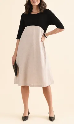 Knee-Length Color-Block Linen Blend Pocket Round-Neck Half-Sleeve A-Line T-Shirt Dress