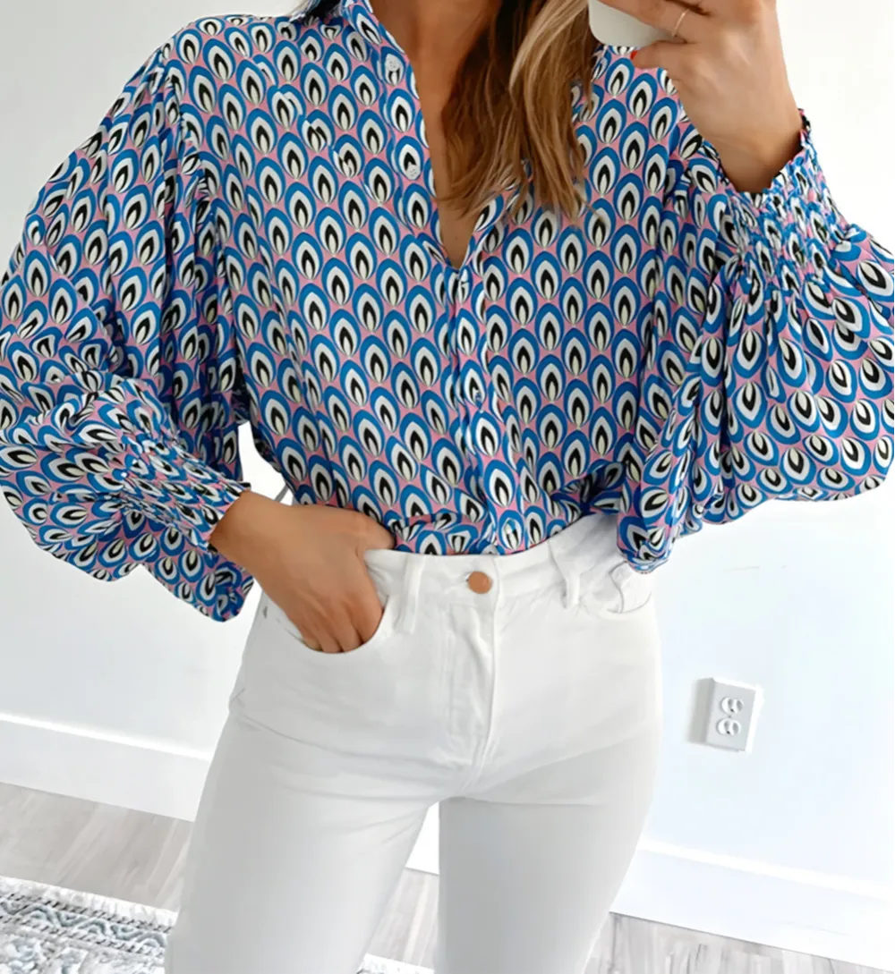 Abstract Print Shirred Puff Sleeve Shirt Blouse