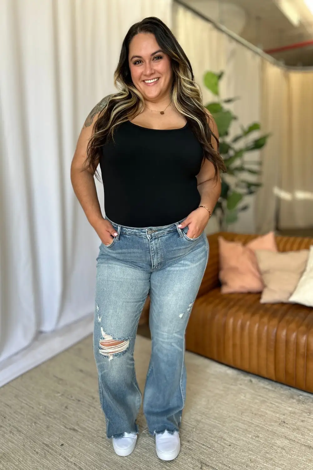 Rise Tummy Control Destroy Flared Denim Jeans