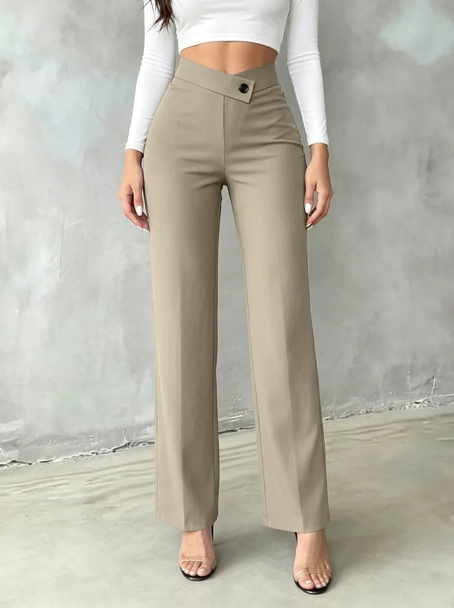 Women's Classic Everyday Asymmetric Waist Mid Rise Straight Leg Pants