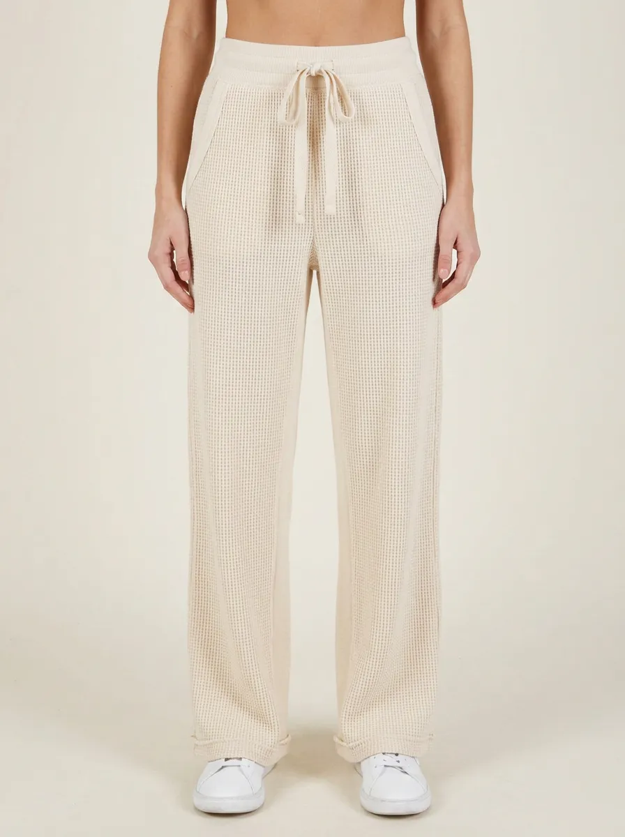 Women's Casual Lounge Waffle Knit Drawstring Wide Leg Pants