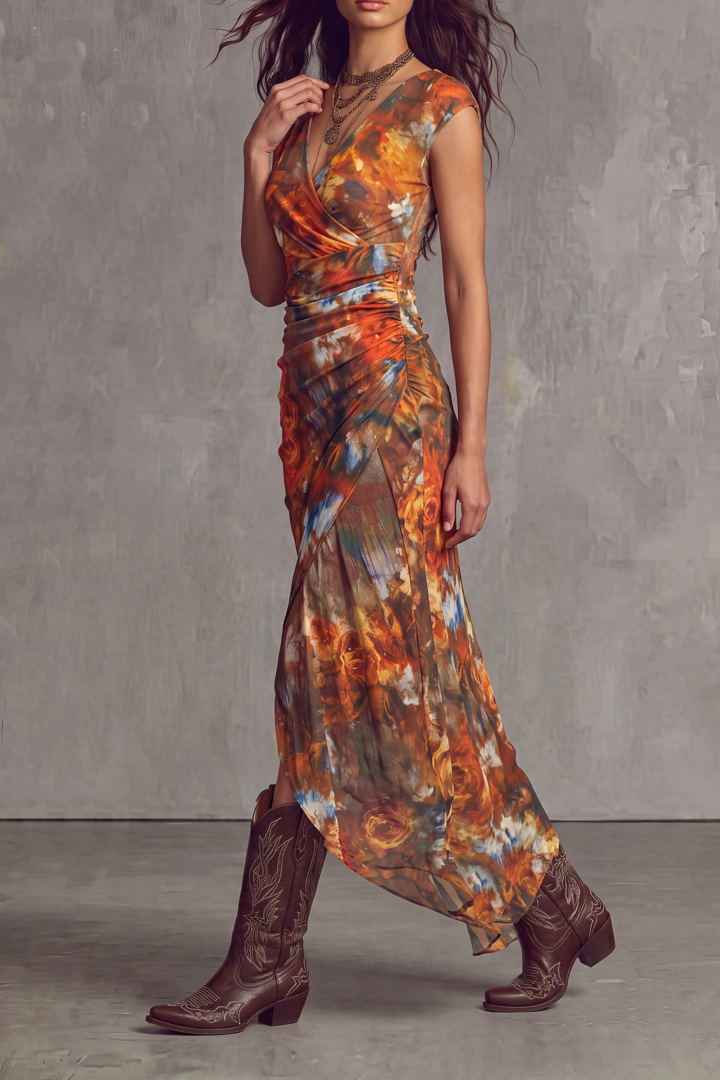 V Neck Ruched Floral Midi Dress