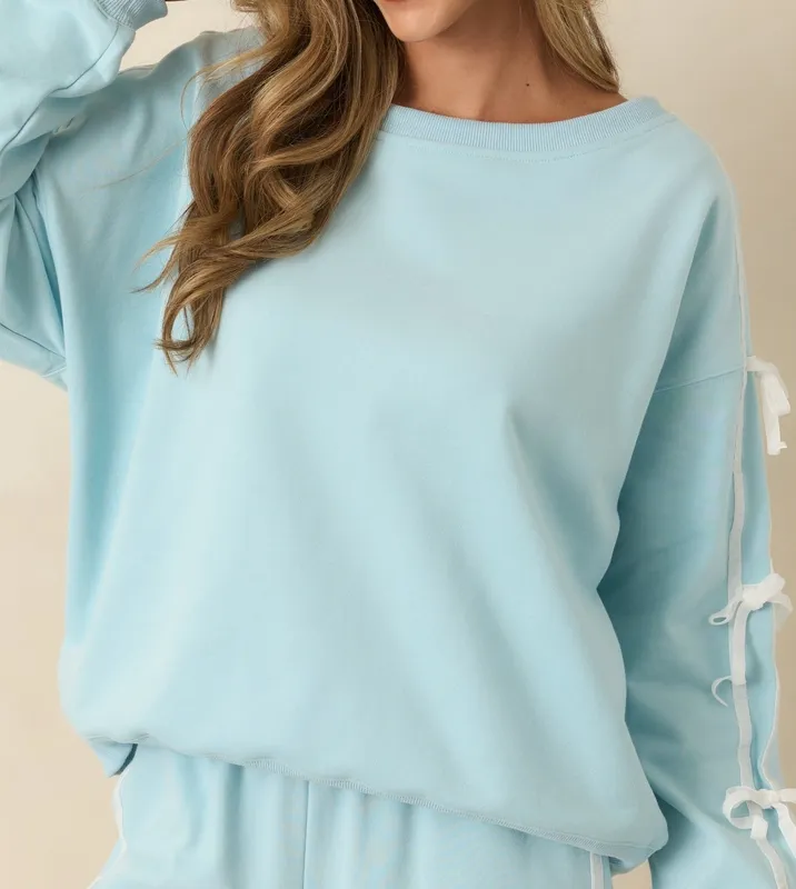 Aqua Tie-Detail Scoop Neck Sweatshirt